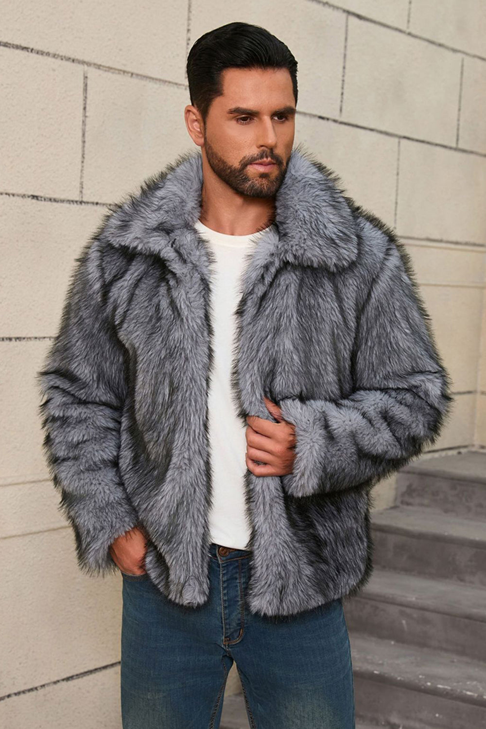 Grey Lapel Faux Fur Short Winter Men's Coat