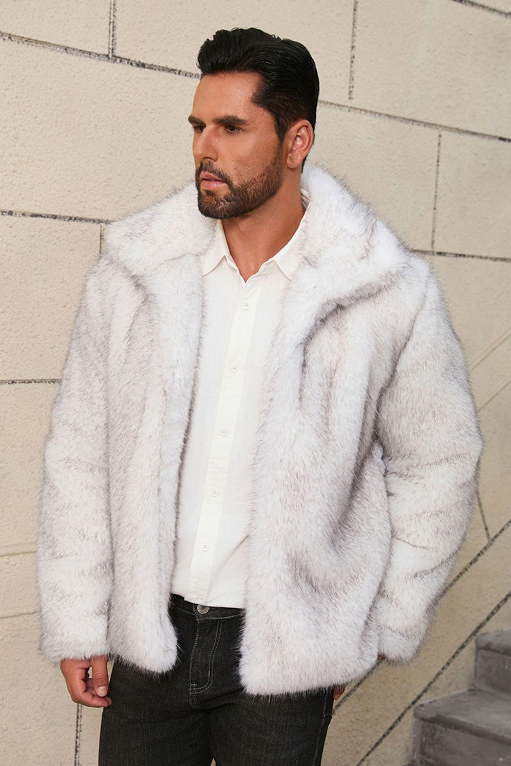 Grey Lapel Faux Fur Short Winter Men's Coat