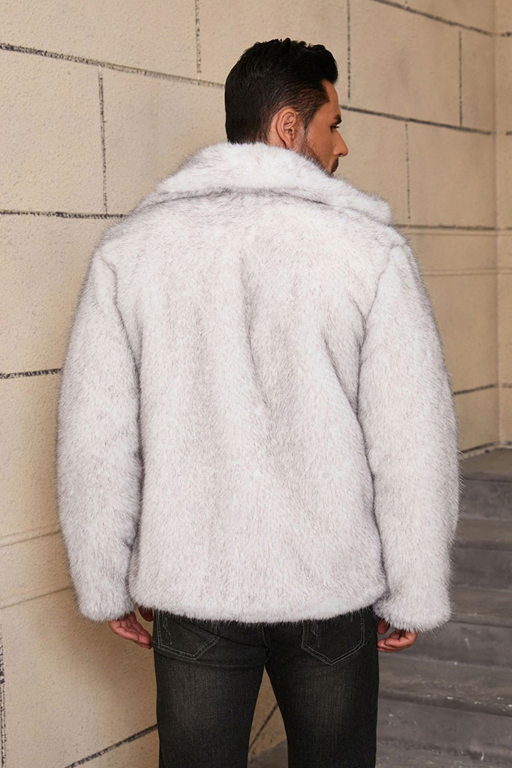 Grey Lapel Faux Fur Short Winter Men's Coat