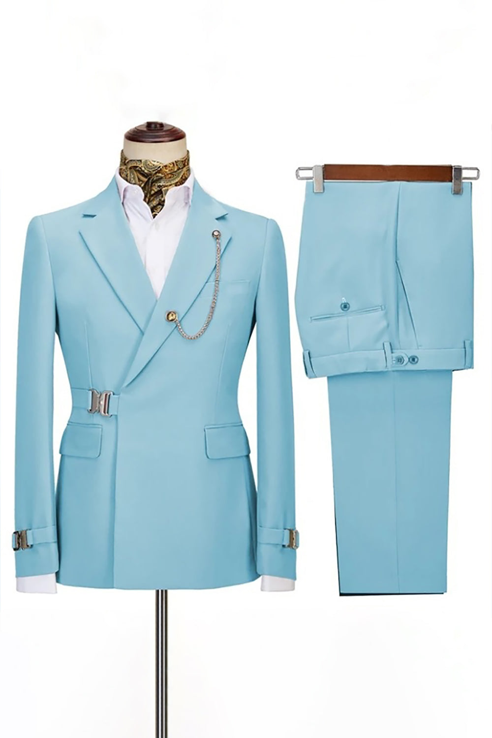 Navy Notched Lapel 2 Pieces Slim Fit Men Formal Suits with Lapel Chain