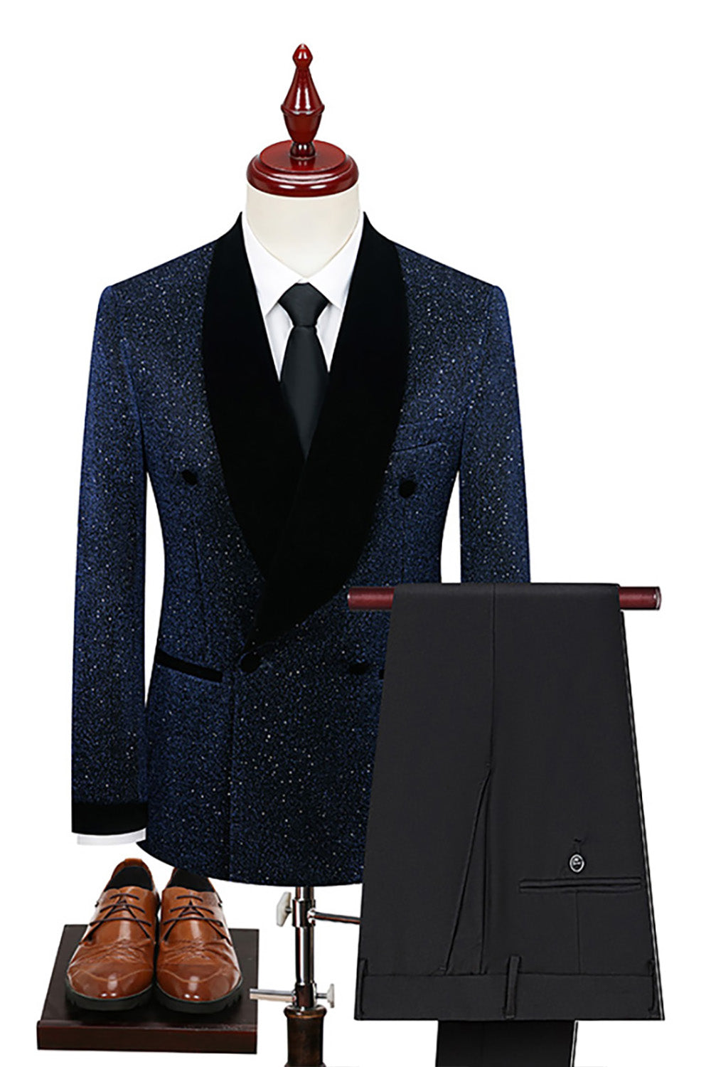Sparkly Navy Shawl Lapel 2 Pieces Slim Fit Men Formal Suits