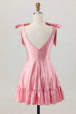 Blush Pink A Line V-Neck Satin Homecoming Dress with Bows