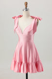 Blush Pink A Line V-Neck Satin Homecoming Dress with Bows