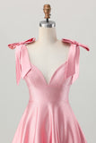 Blush Pink A Line V-Neck Satin Homecoming Dress with Bows