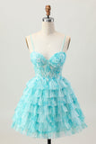 Blue Green A Line Tiered Print Corset Mini Homecoming Dress with Ruffle Skirt