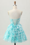 Blue Green A Line Tiered Print Corset Mini Homecoming Dress with Ruffle Skirt