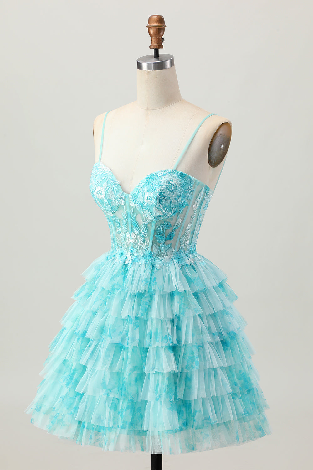 Blue Green A Line Tiered Print Corset Mini Homecoming Dress with Ruffle Skirt