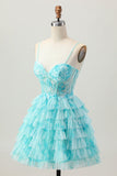 Blue Green A Line Tiered Print Corset Mini Homecoming Dress with Ruffle Skirt