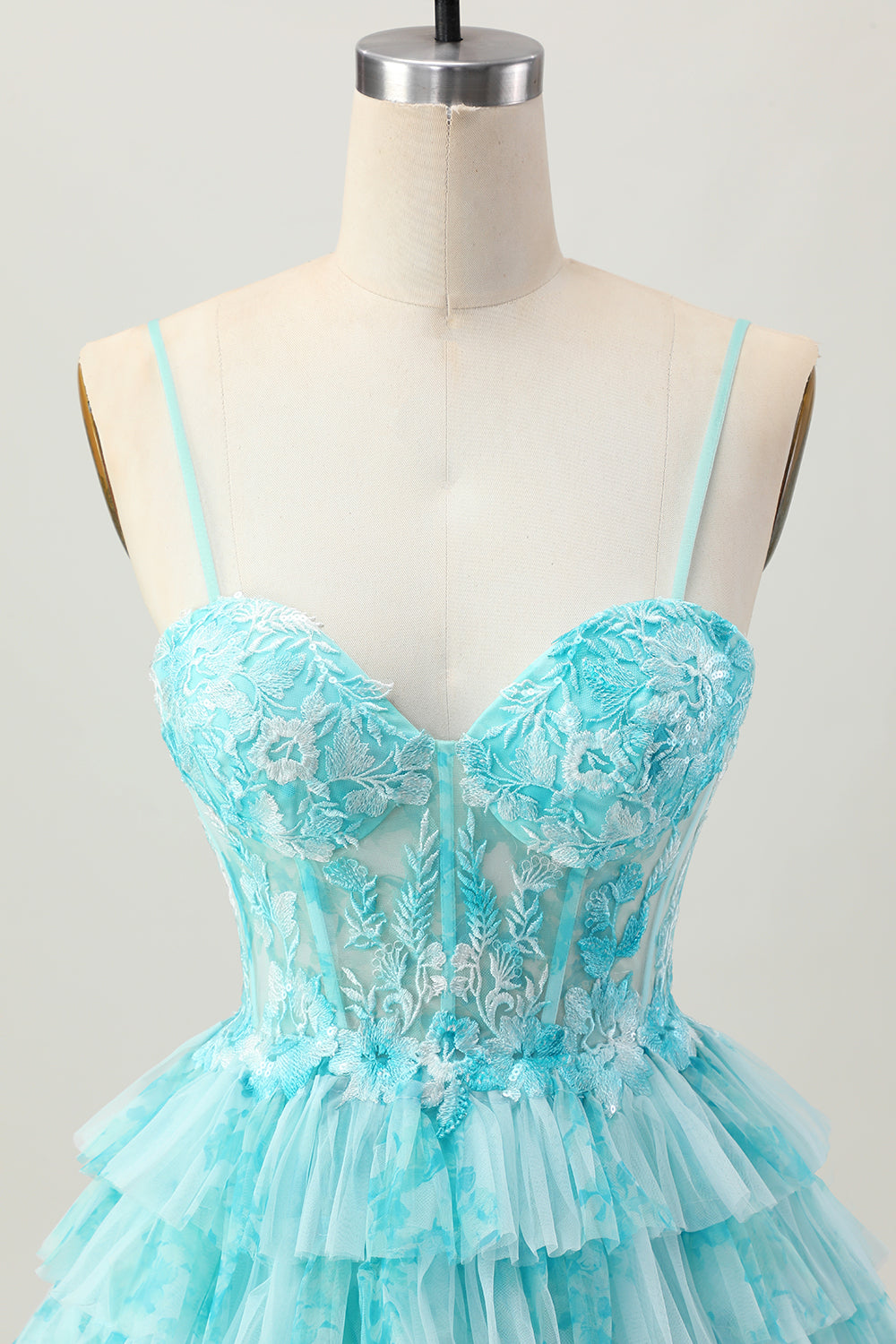 Blue Green A Line Tiered Print Corset Mini Homecoming Dress with Ruffle Skirt