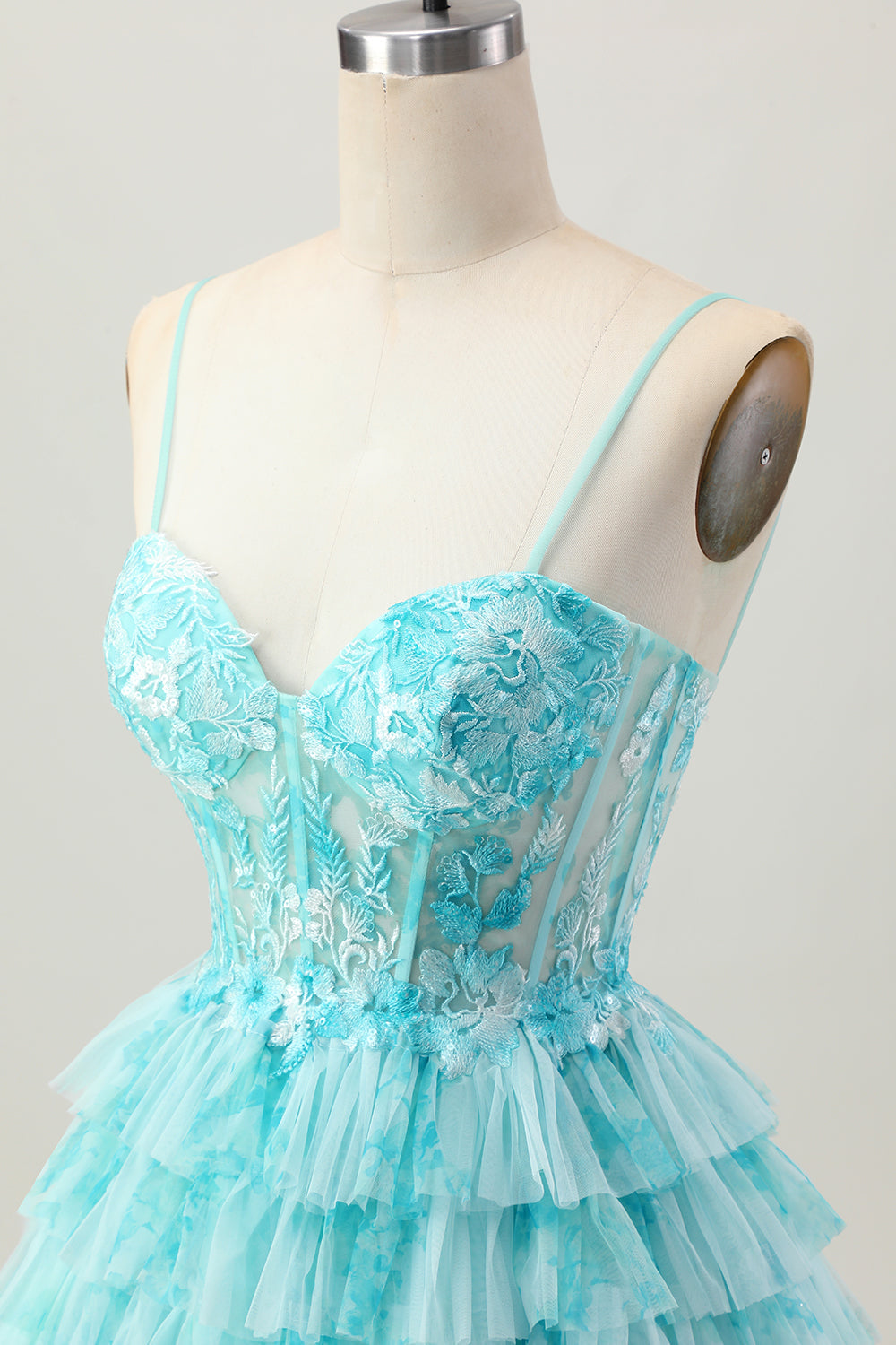 Blue Green A Line Tiered Print Corset Mini Homecoming Dress with Ruffle Skirt