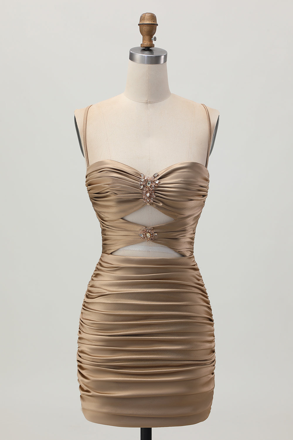 Dark Khaki Ruched Cut-Out Tight Mini Homecoming Dress with Lace Up Back