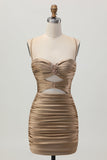 Dark Khaki Ruched Cut-Out Tight Mini Homecoming Dress with Lace Up Back
