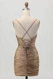 Dark Khaki Ruched Cut-Out Tight Mini Homecoming Dress with Lace Up Back