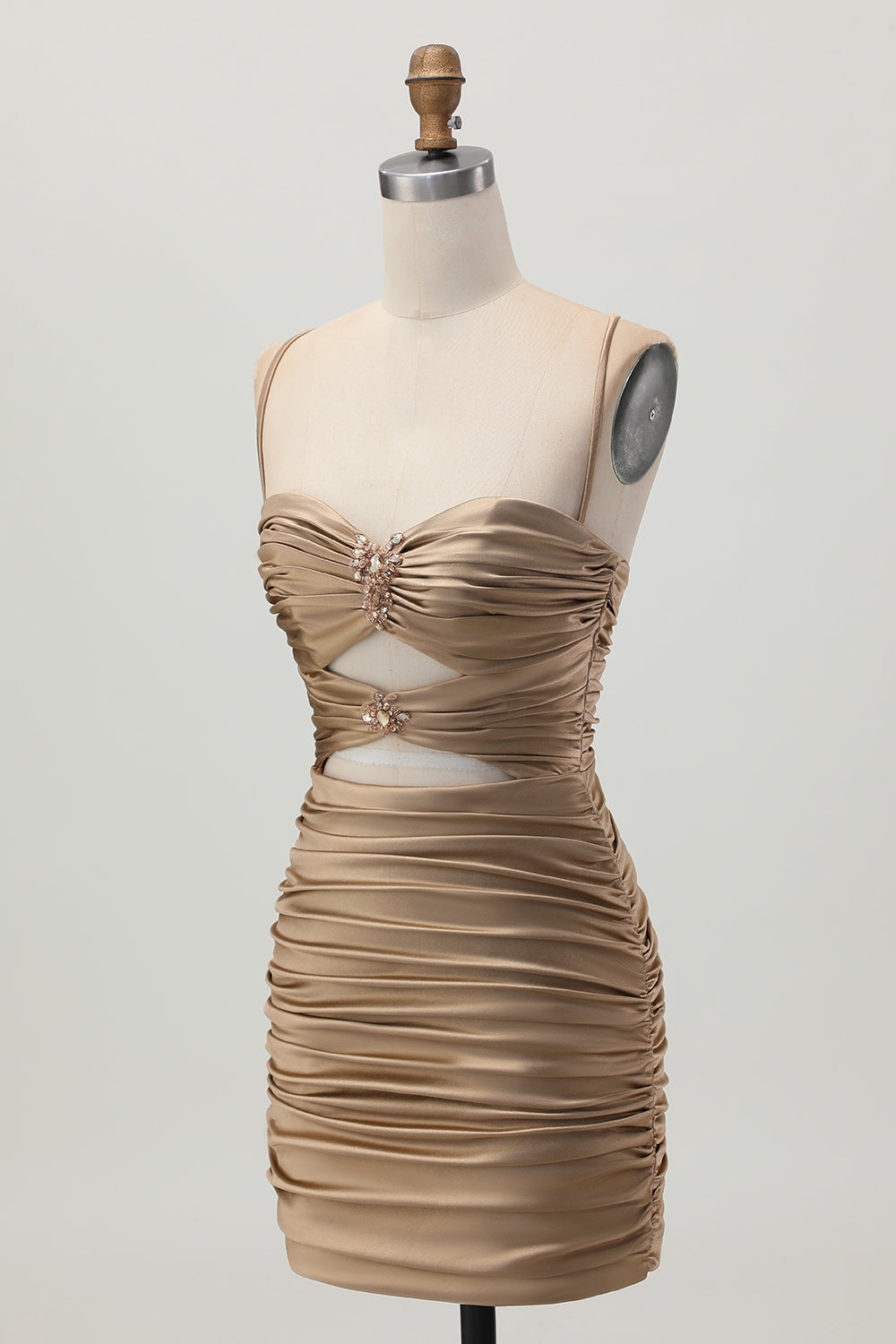 Dark Khaki Ruched Cut-Out Tight Mini Homecoming Dress with Lace Up Back