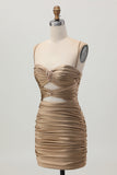 Dark Khaki Ruched Cut-Out Tight Mini Homecoming Dress with Lace Up Back