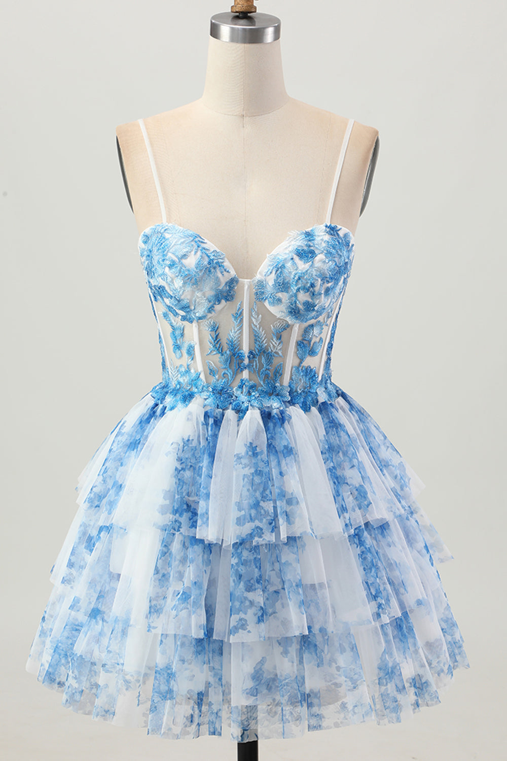 White Blue Flower A Line Corset Tiered Short Homecoming Dress
