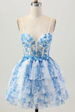 White Blue Flower A Line Corset Tiered Short Homecoming Dress