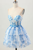 White Blue Flower A Line Corset Tiered Short Homecoming Dress