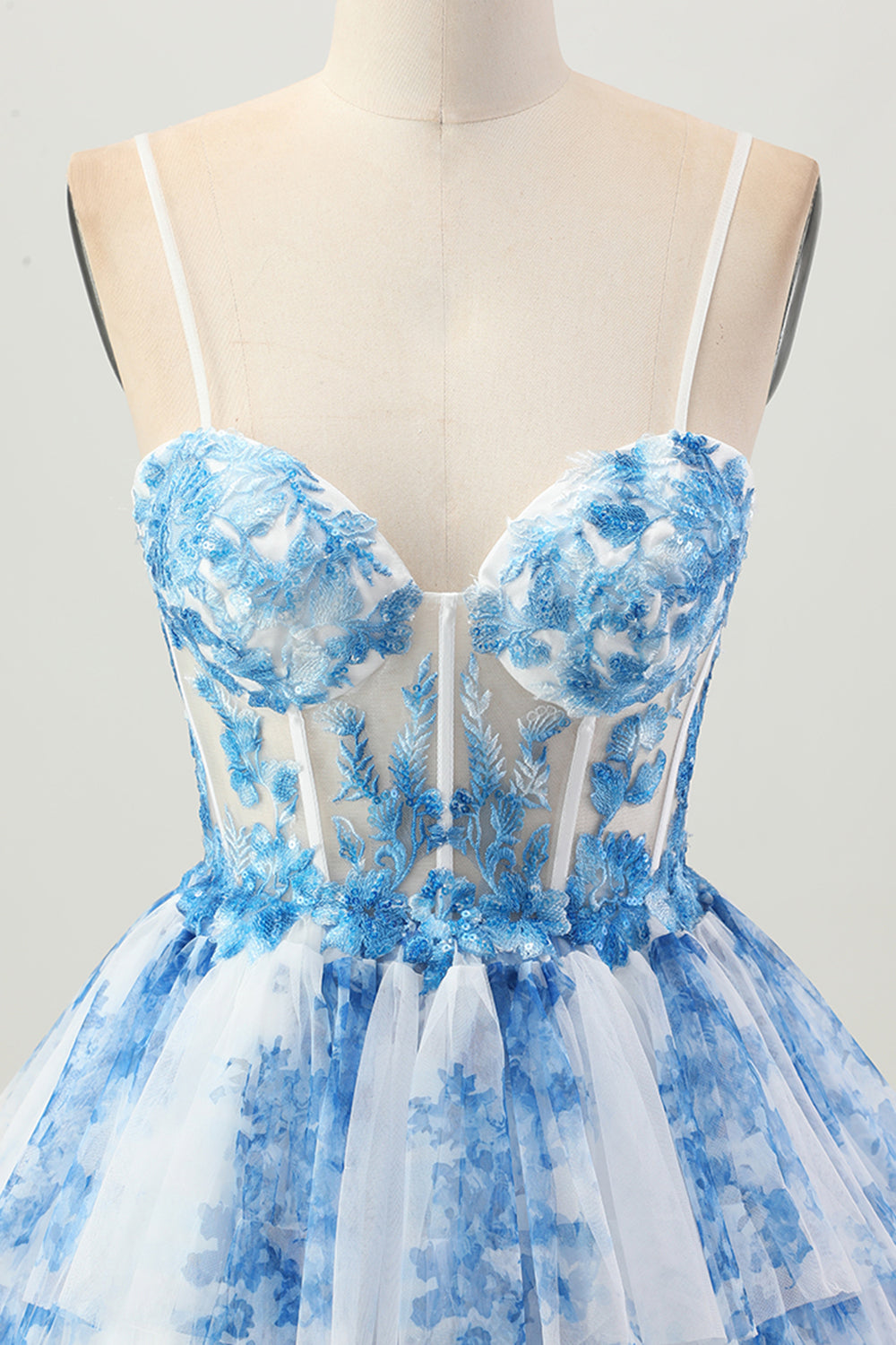 White Blue Flower A Line Corset Tiered Short Homecoming Dress