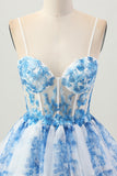White Blue Flower A Line Corset Tiered Short Homecoming Dress