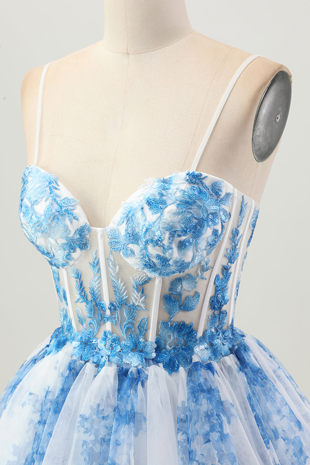 White Blue Flower A Line Corset Tiered Short Homecoming Dress