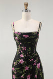 Black Pink Floral Spaghetti Straps Corset A Line Long Bridesmaid Dress