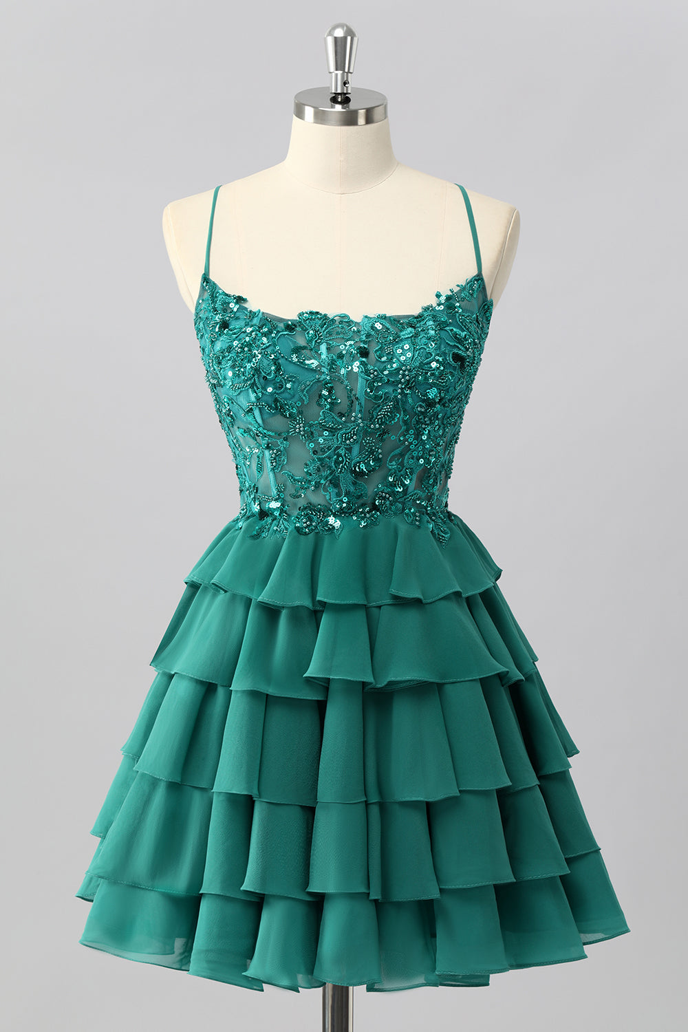 Dark Green A Line Sequins Tiered Homecoming Dress with Appliques
