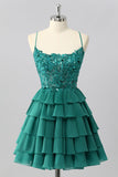 Dark Green A Line Sequins Tiered Homecoming Dress with Appliques