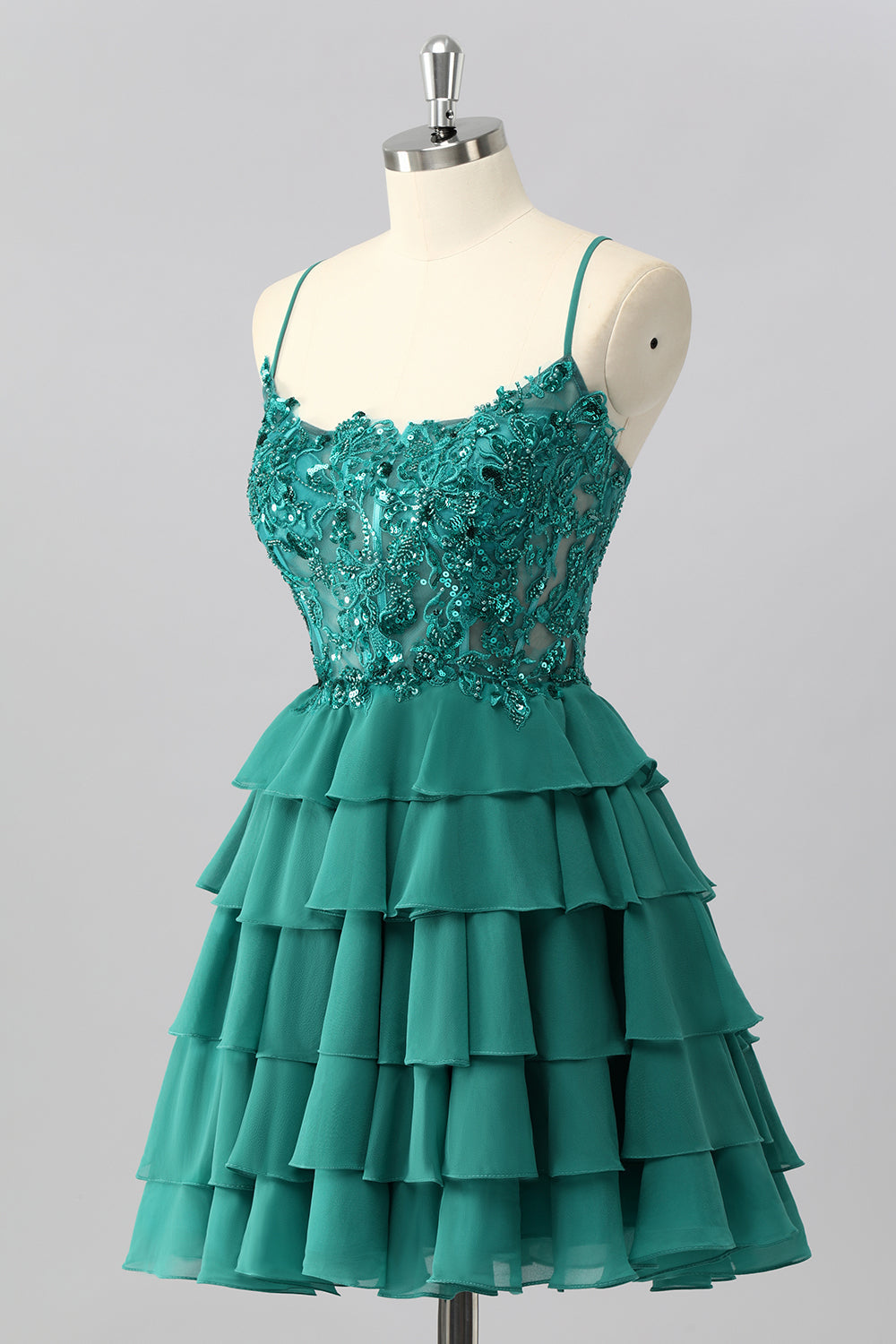 Dark Green A Line Sequins Tiered Homecoming Dress with Appliques