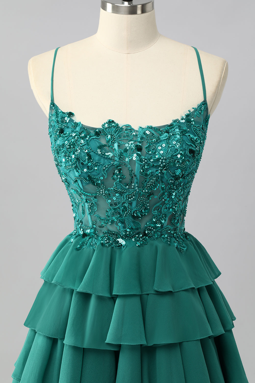 Dark Green A Line Sequins Tiered Homecoming Dress with Appliques