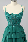 Dark Green A Line Sequins Tiered Homecoming Dress with Appliques