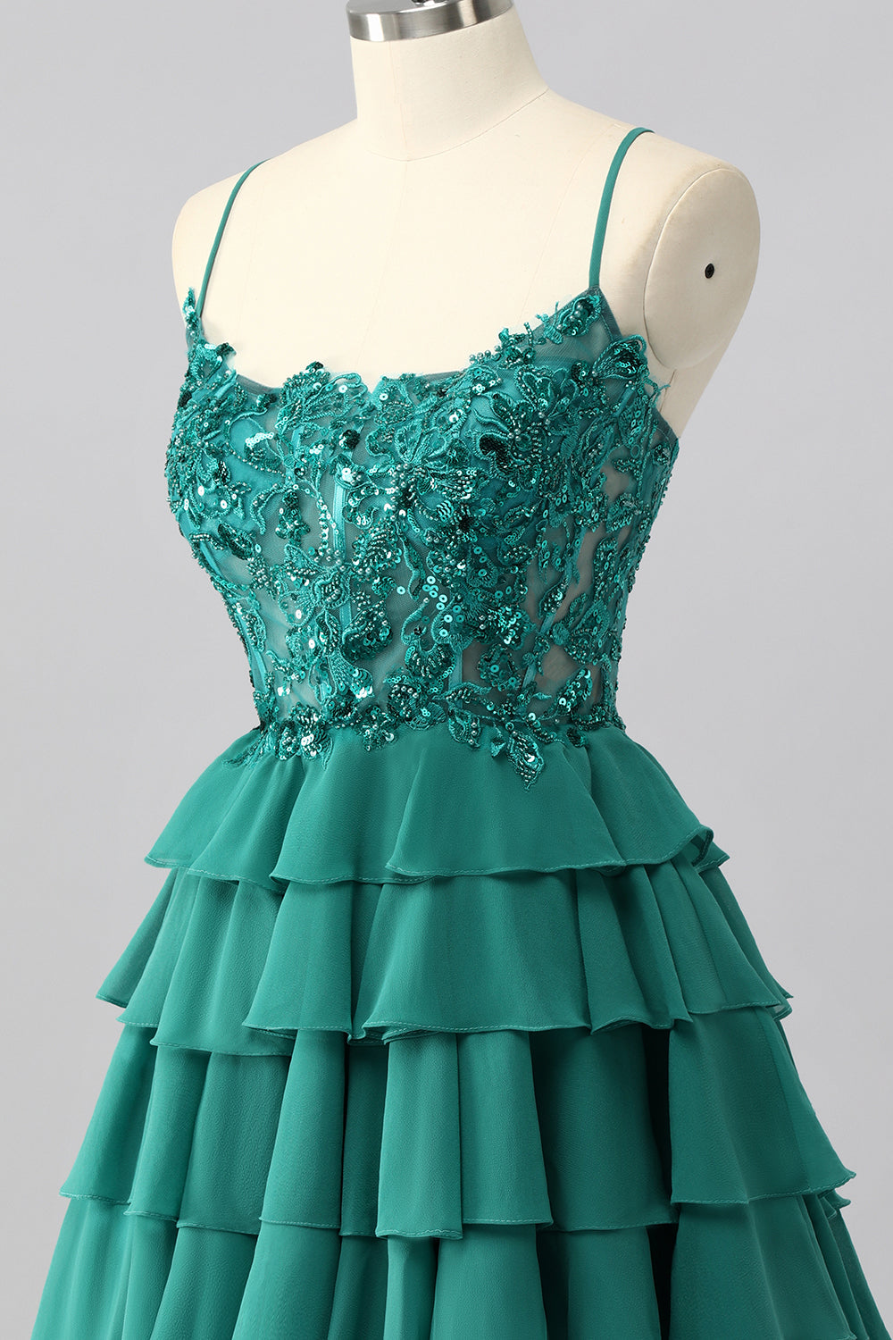 Dark Green A Line Sequins Tiered Homecoming Dress with Appliques