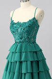 Dark Green A Line Sequins Tiered Homecoming Dress with Appliques