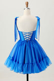 A Line Royal Blue Spaghetti Straps Ruffled Homecoming Dress