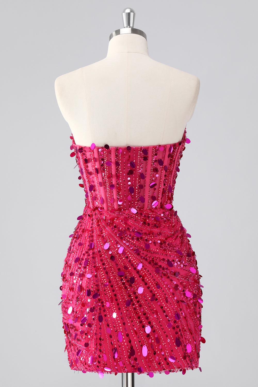 Sparkly Fuchsia Strapless Tight Short Sequins Corset Homecoming Dress with Beading