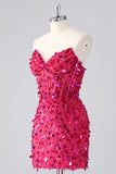 Sparkly Fuchsia Strapless Tight Short Sequins Corset Homecoming Dress with Beading