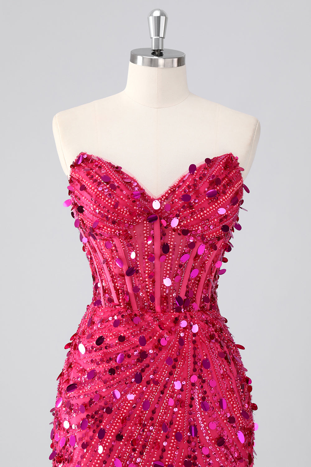 Sparkly Fuchsia Strapless Tight Short Sequins Corset Homecoming Dress with Beading