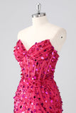 Sparkly Fuchsia Strapless Tight Short Sequins Corset Homecoming Dress with Beading
