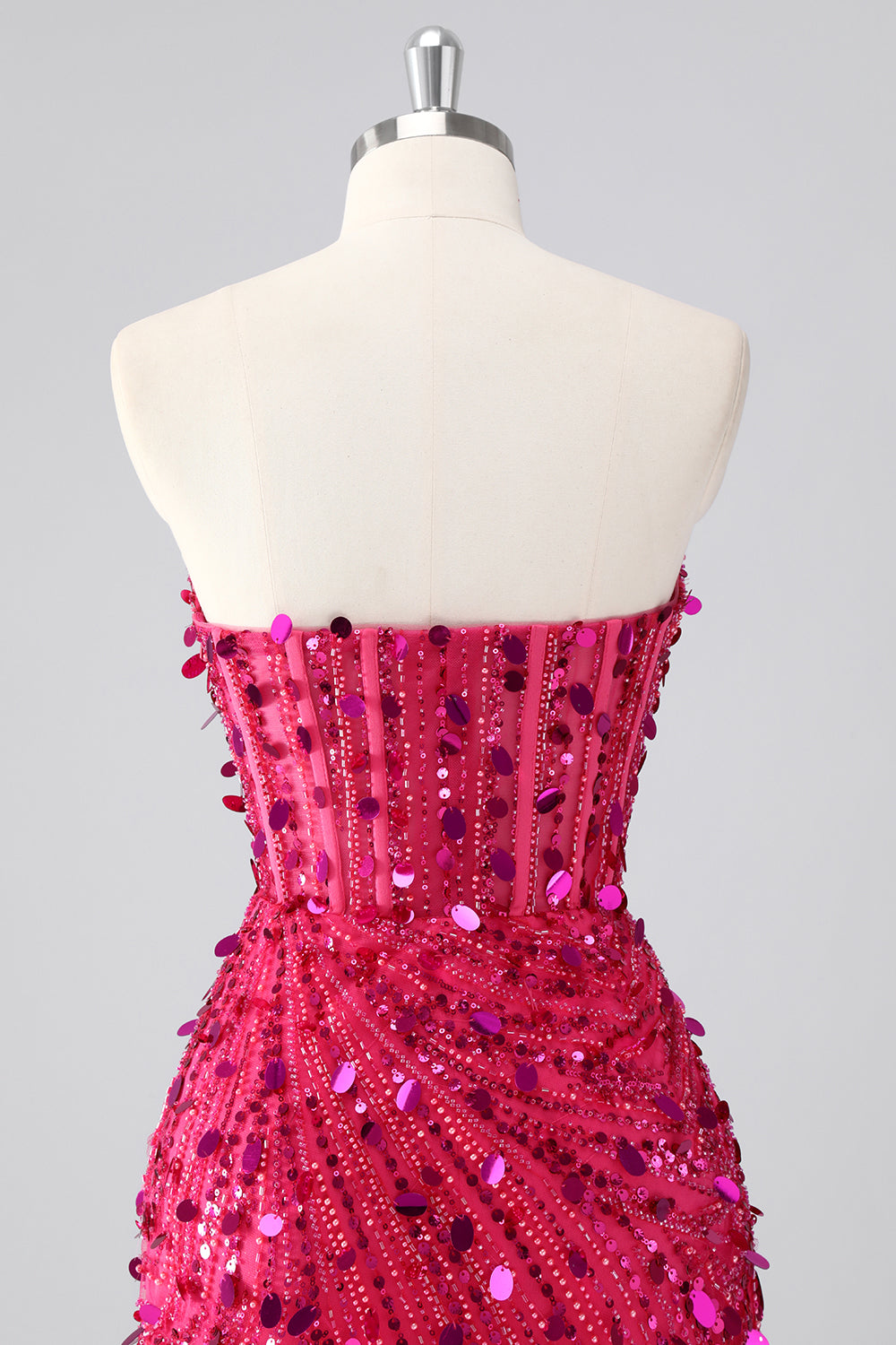 Sparkly Fuchsia Strapless Tight Short Sequins Corset Homecoming Dress with Beading