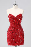 Sparkly Fuchsia Strapless Tight Short Sequins Corset Homecoming Dress with Beading