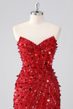 Sparkly Fuchsia Strapless Tight Short Sequins Corset Homecoming Dress with Beading