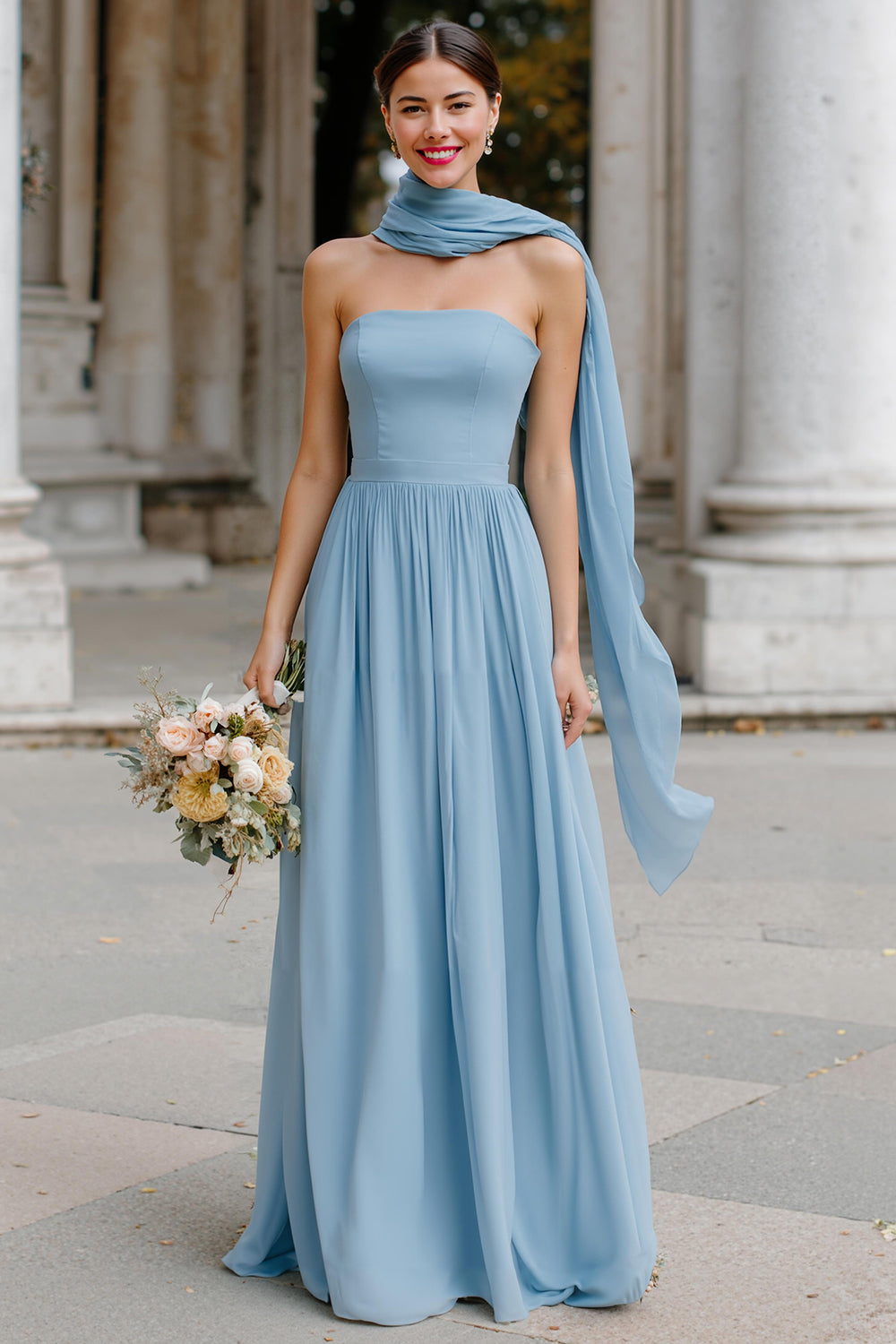 Dusty Blue Chiffon Neck Scarf A Line Strapless Long Bridesmaid Dress