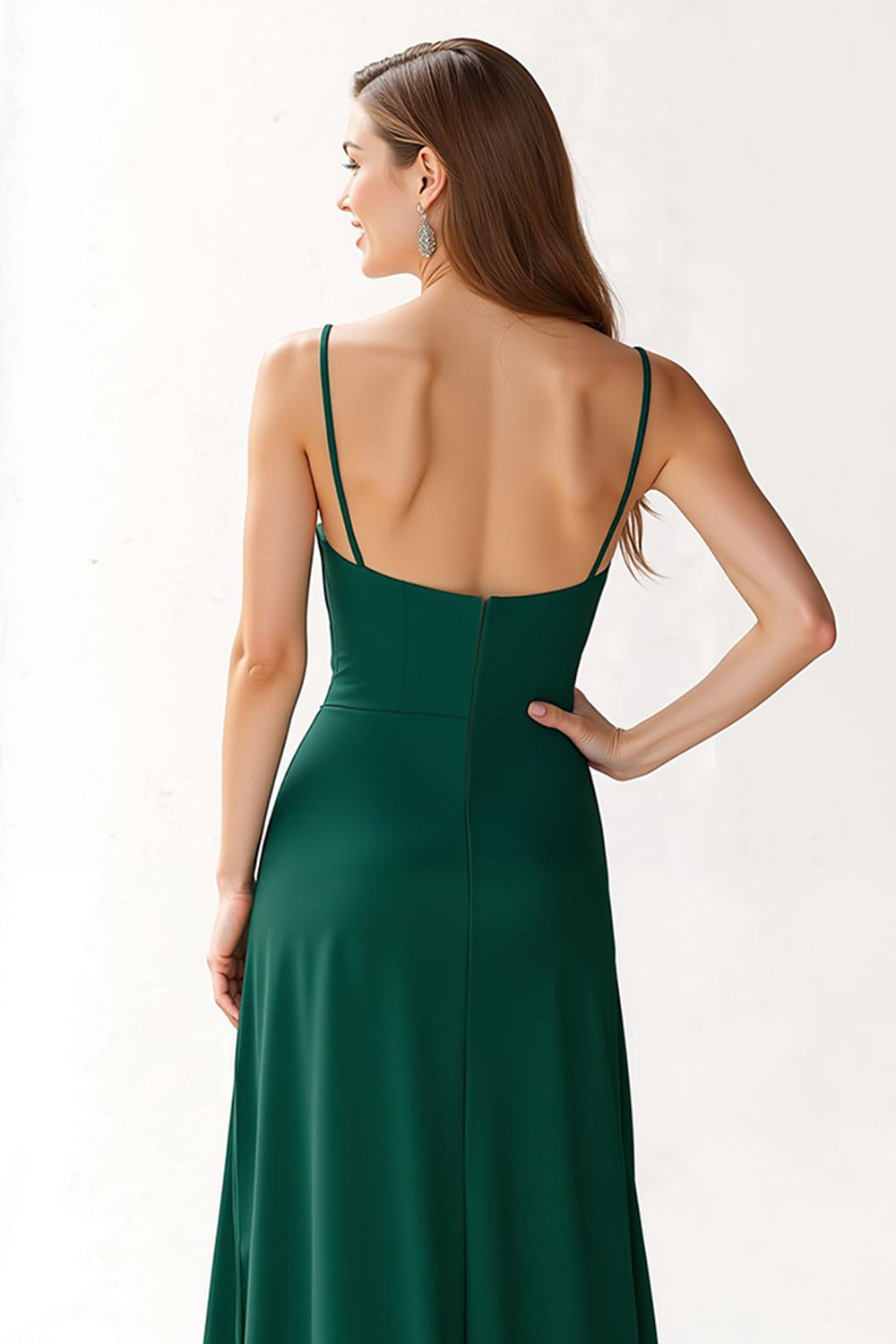 Dark Green Sheath Chiffon Spaghetti Straps Long Bridesmaid Dress