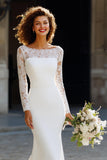White Chiffon Mermaid Long Sleeves Sweep Train Wedding Dress with Lace