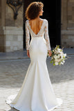 White Chiffon Mermaid Long Sleeves Sweep Train Wedding Dress with Lace