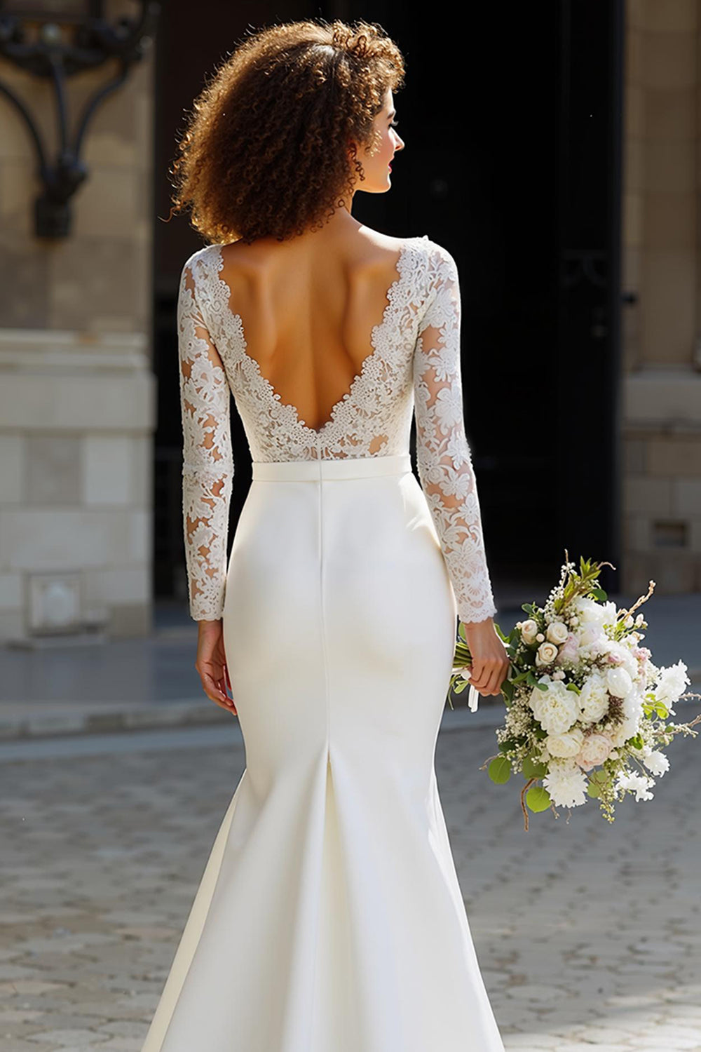 White Chiffon Mermaid Long Sleeves Sweep Train Wedding Dress with Lace