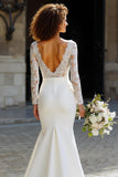 White Chiffon Mermaid Long Sleeves Sweep Train Wedding Dress with Lace