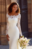 White Mermaid Sweep Train Long Sleeves Wedding Dress with Lace