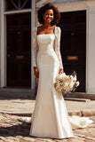 White Mermaid Bateau Long Sleeve Appliqued Sweep Train Wedding Dress