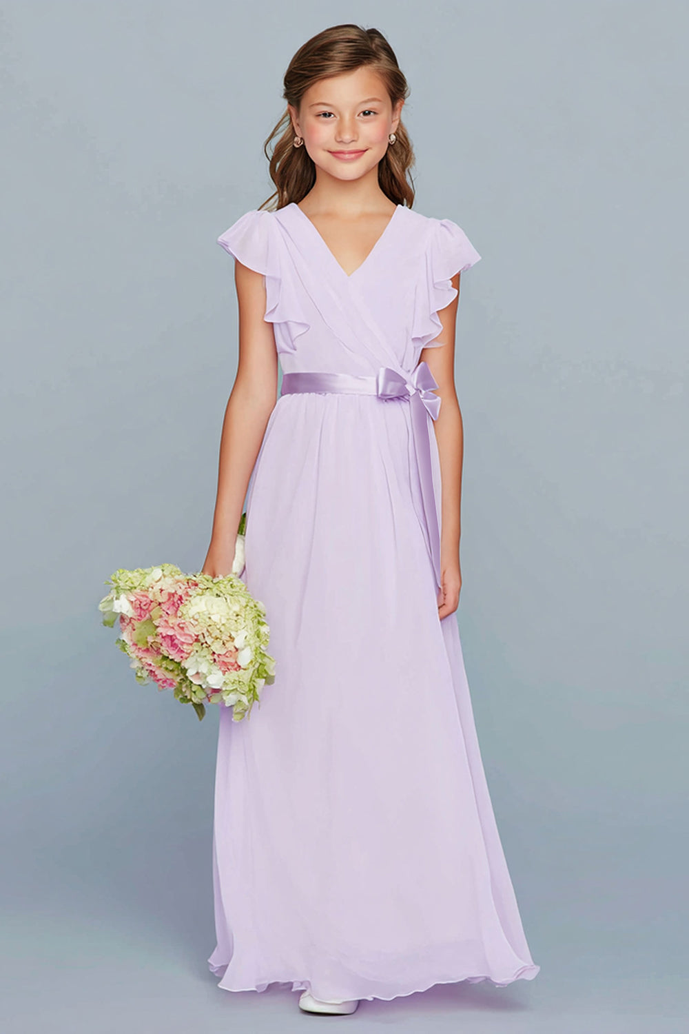 Lilac A-Line Chiffon V-Neck Ruffled Long Junior Bridesmaid Dress with Bow